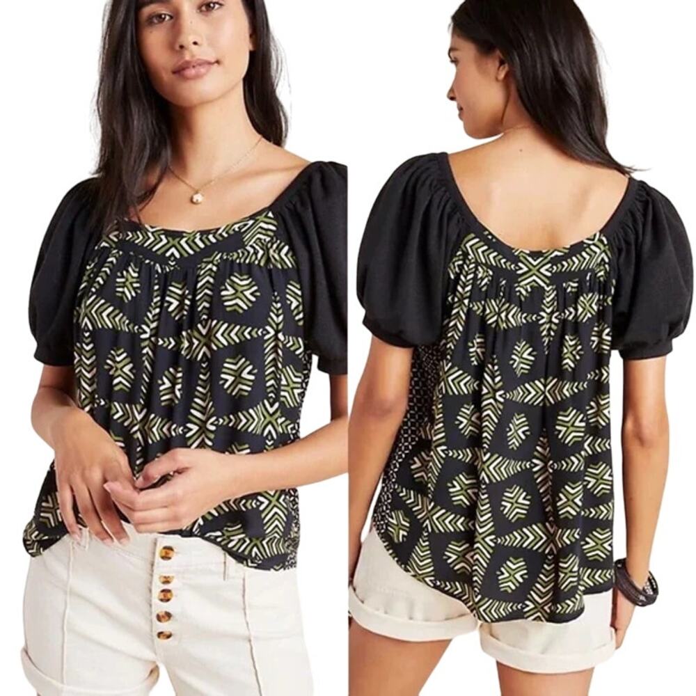 Anthropologie Maeve Catania Blouse Top Puff Sleeve Printed Black Green XSmall